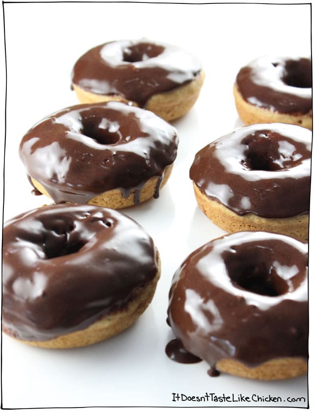 Fluffy, baked, PERFECT, classic vegan chocolate glazed donuts! Just 25 minutes to make and are baked - aka you can have two! Dairy free, egg free. #itdoesnttastelikechicken
