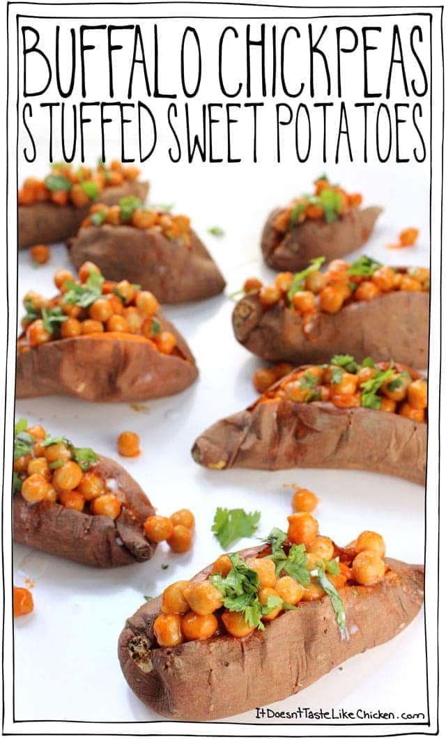 Buffalo Chickpeas Stuffed Sweet Potatoes! The spicy, silky, tangy, sizzle of bufflao sauce coated chickpeas, combined with the sweet, creamy, fluffy sweet potatoes. YUM. An easy vegan, vegetarian, and gluten free dish. #itdoesnttastelikechicken 