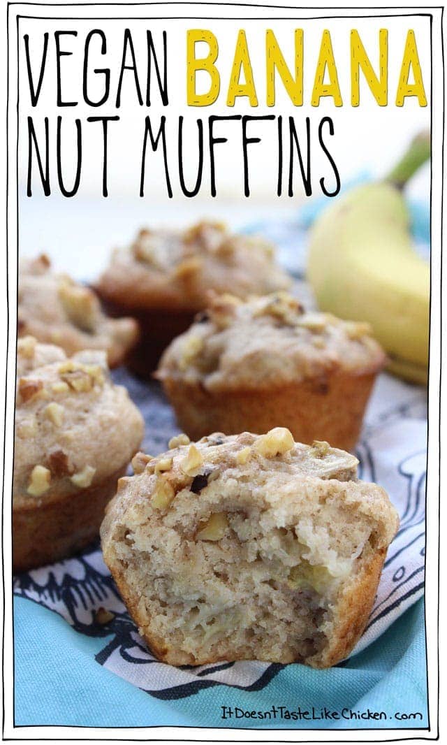 Vegan Banana Nut Muffins! Bursting with banana flavour, little pops of nut crunch, tender, lightly sweet, and gorgeously moist. Dairy-free, egg-free. #itdoesnttastelikechicken