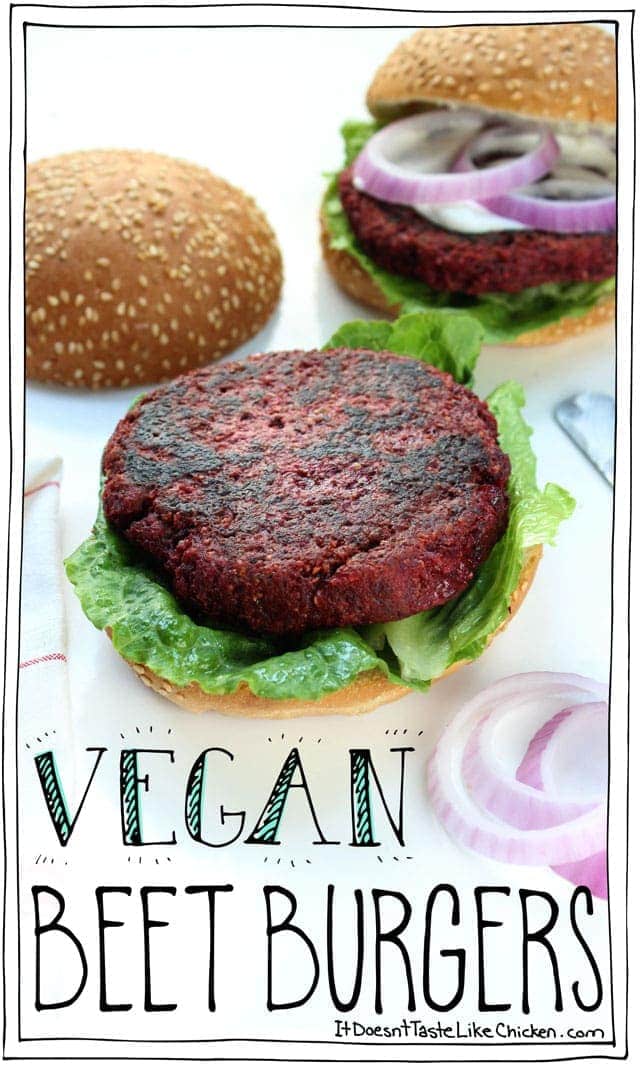 Vegan Beet Burgers! Quick and easy recipe for a hearty veggie burger with a perfect bite (not mushy). Egg-free, dairy-free, vegetarian. #itdoesnttastelikechicken