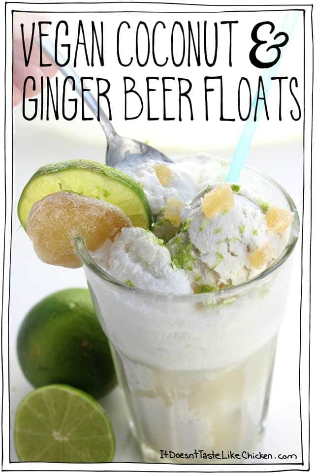 Vegan Coconut & Ginger Beer Floats. This tropical treat is the perfect quick and easy summer dessert. Amp it up by using a boozy ginger beer! #itdoesnttastelikechicken