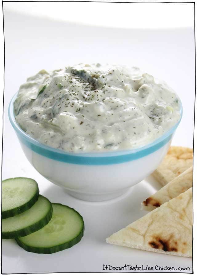 This quick and easy vegan tzatziki is made using easy to find ingredients and takes just 10 minutes to make. Perfect for dairy-free Greek recipes. #itdoesnttastelikechicken