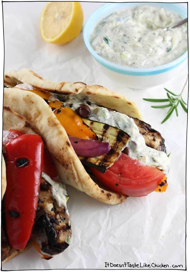 Vegan Grilled Veggie Gyros! Easy recipe for Greek styled dinner. Just marinate vegetables, grill, and assemble the sandwiches to taste. Dairy-free, vegetarian. #itdoesnttastelikechicken