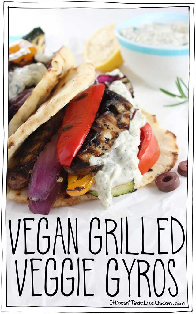 Vegan Grilled Veggie Gyros! Easy recipe for Greek styled dinner. Just marinate vegetables, grill, and assemble the sandwiches to taste. Dairy-free, vegetarian. #itdoesnttastelikechicken