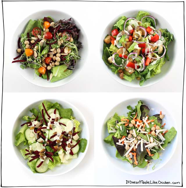 How to Make an at Home Salad Bar! This easy guide shows you how to have a vegan salad bar at home. Perfect for picky eaters, BBQ's, or dinner parties. #itdoesnttastelikechicken