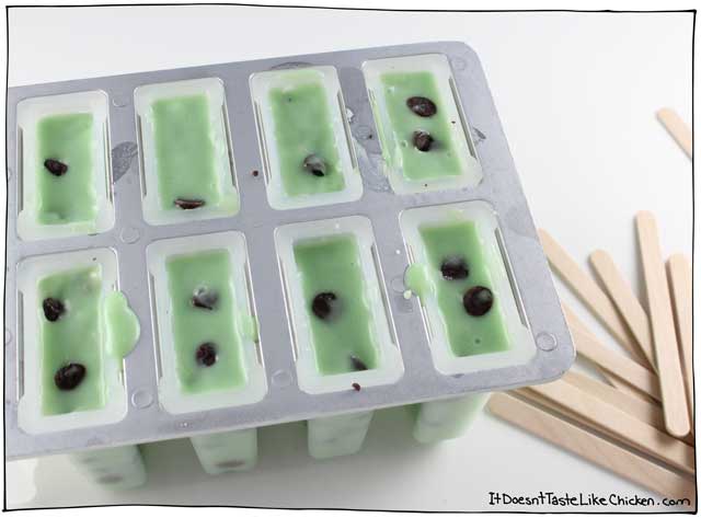 Vegan Mint Chocolate Chip Popsicles! Easy to make, just 8 ingredients! Creamy, lightly sweet, minty frozen treats. Perfect summer dessert. Dairy free. #itdoesnttastelikechicken