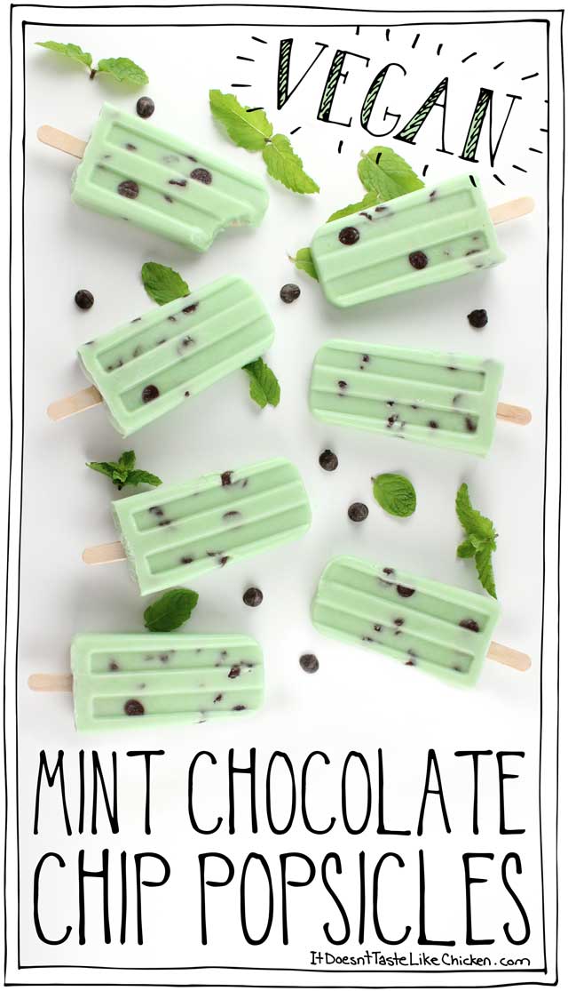 Vegan Mint Chocolate Chip Popsicles! Easy to make, just 8 ingredients! Creamy, lightly sweet, minty frozen treats. Perfect summer dessert. Dairy free. #itdoesnttastelikechicken