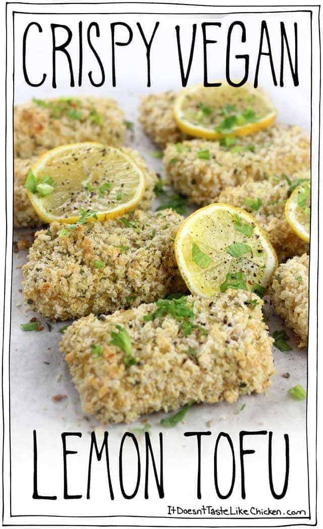 Crispy Vegan Lemon Tofu! Marinate the tofu in a lemon garlic sauce for up to three days for an easy make ahead meal. Then bake or fry in a crispy panko coating. Vegetarian, oil-free #itdoesnttastelikechicken
