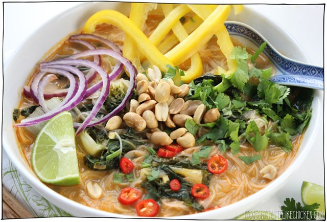 Thai Red Curry Noodle Soup! 30 minute, vegan, gluten-free, one pot meal! This coconut red curry soup is quick and easy to make and is so slurpably good. #itdoesnttastelikechicken