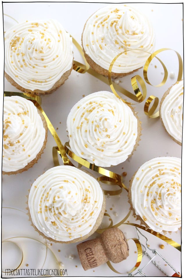 Vegan Champagne Cupcakes are easy to make but so elegant. Perfect for any celebration such as New Year's Eve or birthdays! Light, fluffy, and sweet with a hint of champagne flavour. Pop that champagne! Dairy free, egg free. #itdoesnttastelikechicken