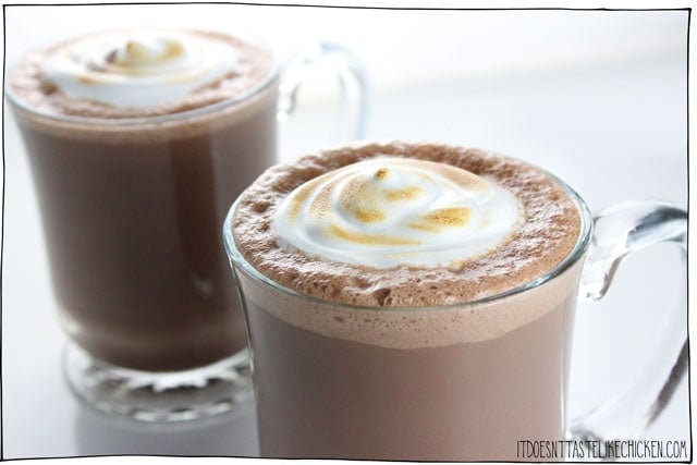 Easy Vegan Hot Chocolate with toasted marshmallow fluff! Yes please! This dairy-free treat whips up in just 15 minutes (including making the marshmallow fluff) for the perfect winter holiday treat. #itdoesnttastelikechicken