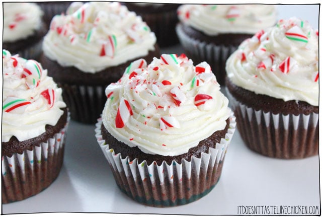 Vegan Peppermint Chocolate Cupcakes! Perfect for Christmas and holiday baking. Mint chocolate cake with peppermint infused frosting, decorated with crushed candy canes. #itdoesnttastelikechicken