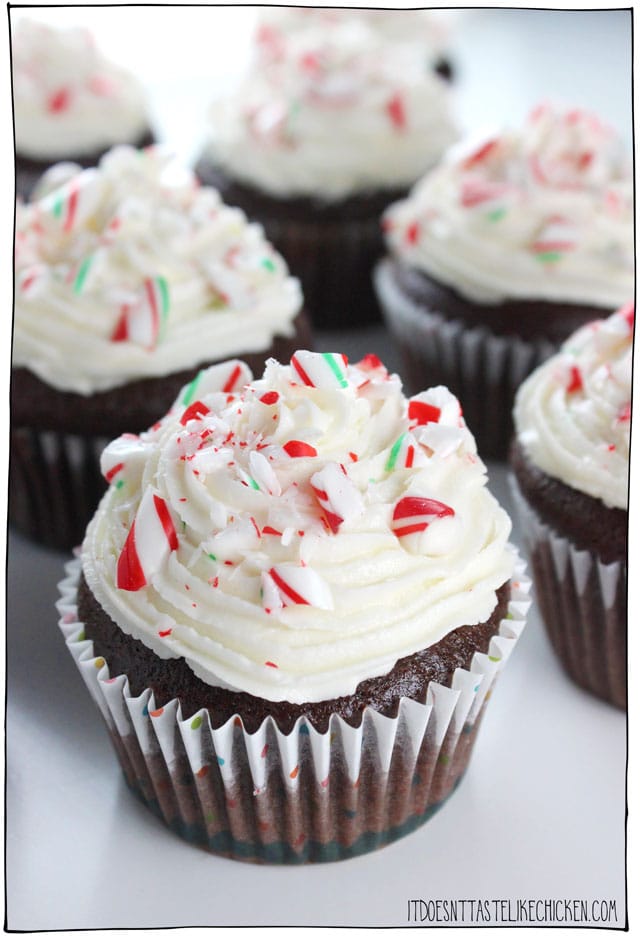 Vegan Peppermint Chocolate Cupcakes! Perfect for Christmas and holiday baking. Mint chocolate cake with peppermint infused frosting, decorated with crushed candy canes. #itdoesnttastelikechicken