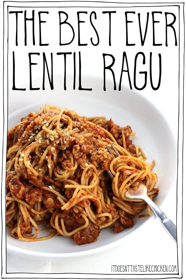 The Best Ever Lentil Ragu!! This easy vegan pasta takes just 15 minutes to make! Vegetarian ragu pasta is hearty, rich, slightly smoky, and makes for the perfect weeknight meal. #itdoesnttastelikechicken #easyveganpasta #veganpasta #ragu