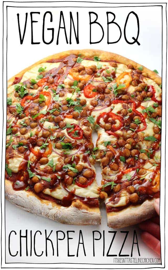 Vegan BBQ Chickpea Pizza! Made with a homemade vegan mozzarella that only takes 15 minutes to make. Layered with spicy and smoky BBQ chickpeas for the ultimate hearty cheeseless pizza. Dairy-free, gluten-free, oil-free, plant-based. #itdoesnttastelikechicken #veganpizza #veganrecipes #vegancheese