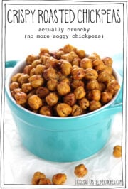 Hero shot of golden crispy roasted chickpeas with text overlay.