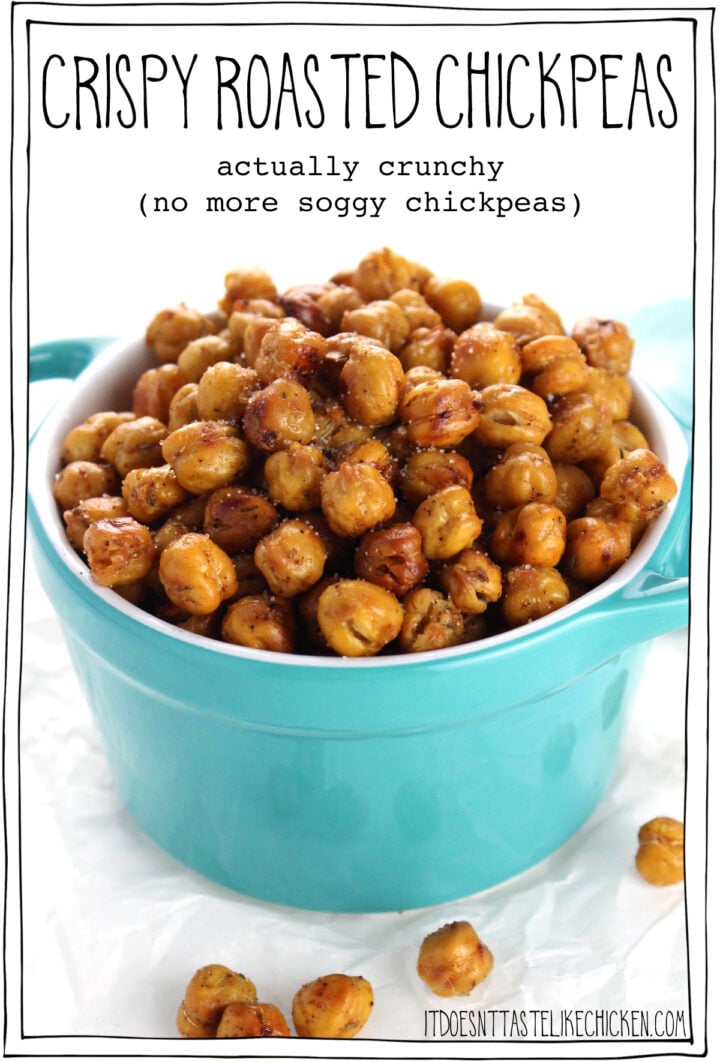 Hero shot of golden crispy roasted chickpeas with text overlay.