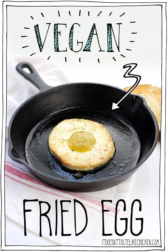 Vegan Fried Egg!? Easy to make with a runny vegan egg yolk! Great for anyone who is egg-free but misses this breakfast treat, or perfect for April fools day! #itdoesnttastelikechicken #veganrecipe #veganbreakfast #aprilfools #veganegg