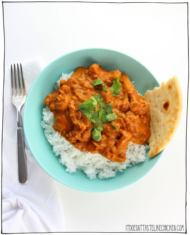 Indian butter chicken has been veganized! I present you Vegan Butter Cauliflower. A fraction of the calories and fat, but tastes even better. Super easy and quick to make, making a perfect weeknight meal. The sauce is whipped up in a blender, then pour over cauliflower and simmer. Done. #itdoesnttastelikechicken #veganrecipes #veganindian #curry