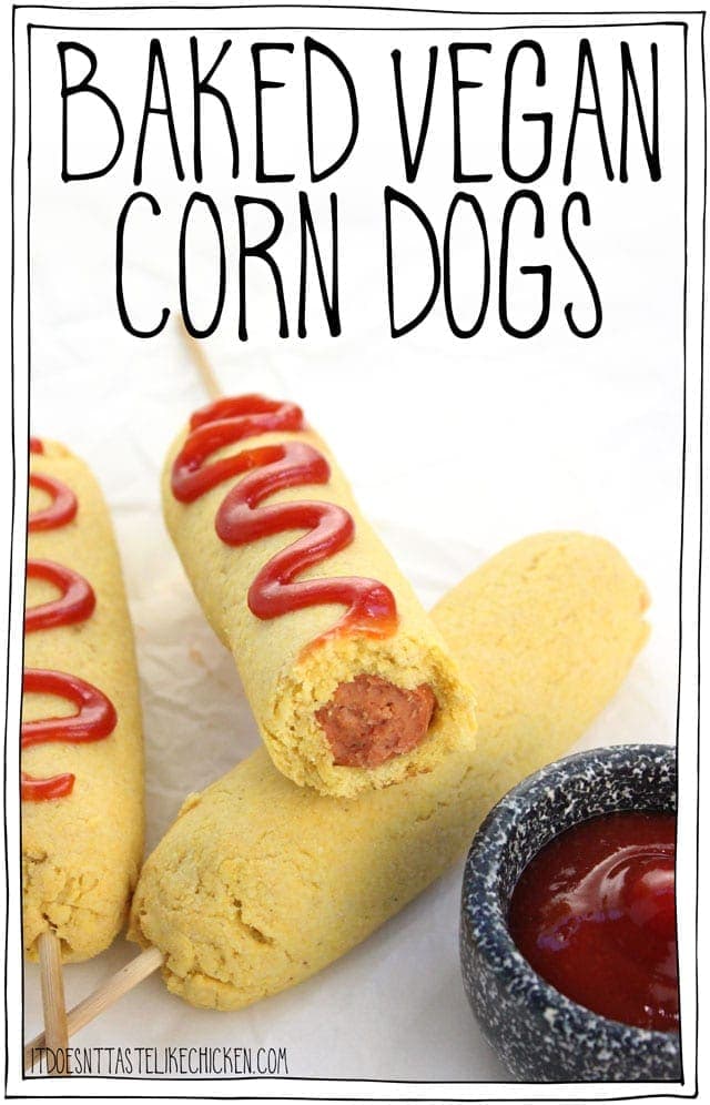 Baked Vegan Corn Dogs! A healthier version of this awesome fair food made at home. Crispy, flaky, lightly sweet, seasoned cornmeal crust is so tasty, it tastes like the best cornbread ever is wrapped around your veggie dog. Serve hot out of the oven with ketchup or mustard and oooeee are you in for a treat! #itdoesnttastelikechicken #veganrecipes #bakednotfried #snack