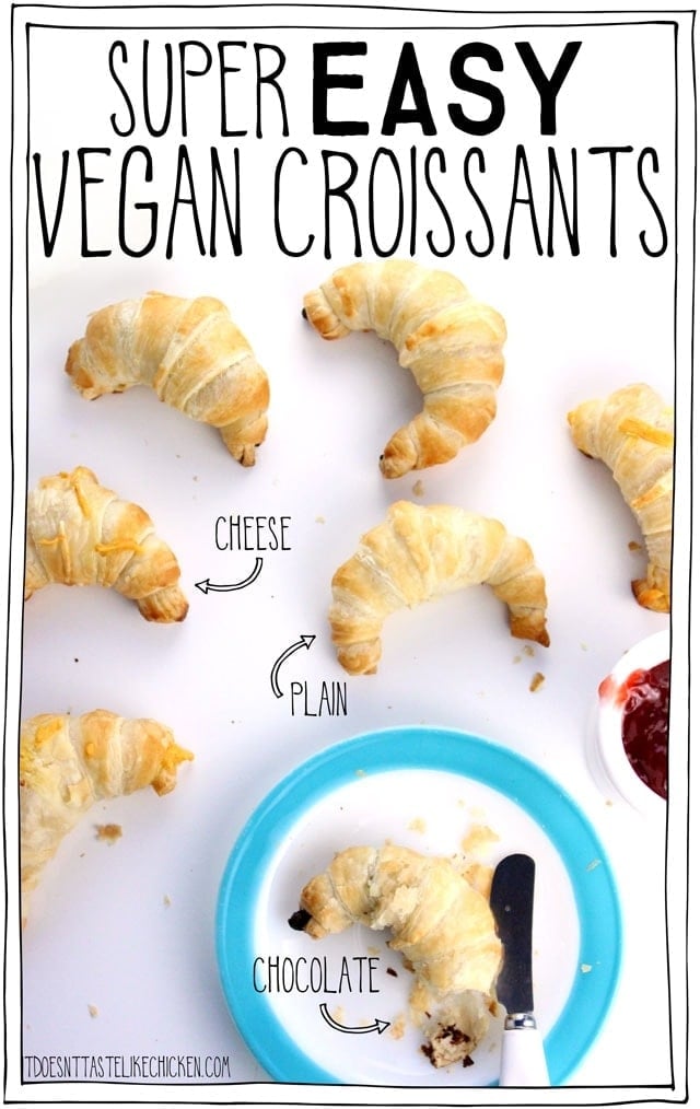 Super Easy Vegan Croissants! This recipe hack uses store-bought puff pastry to make the worlds easiest croissants. You can enjoy them plain, stuffed with chocolate, or dairy-free cheese. Serve them warm out of the oven for brunch or breakfast. #itdoesnttastelikechicken #veganrecipes #croissants #veganbaking