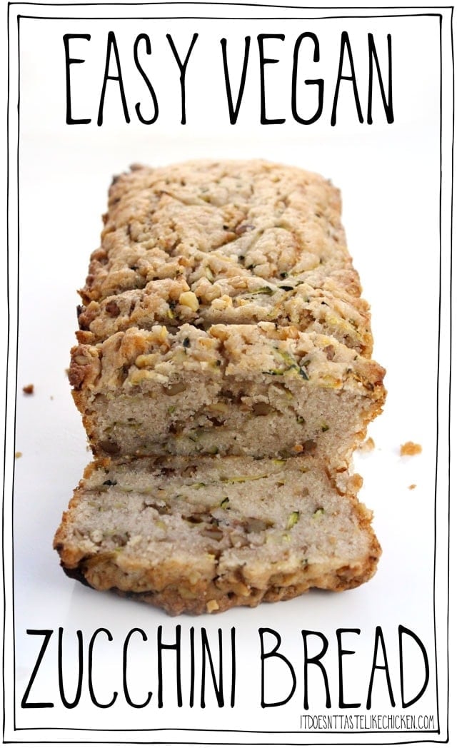 Easy Vegan Zucchini Bread! Tastes just like banana bread except without the bananas. It's lightly sweet, with a hint of cinnamon, a walnut crunch, and the best part (and the magic zucchini provides), it's extra-extra-moist. The best vegan zucchini bread recipe and a great way to use up extra zucchini! #itdoesnttastelikechicken #veganrecipes #zucchini