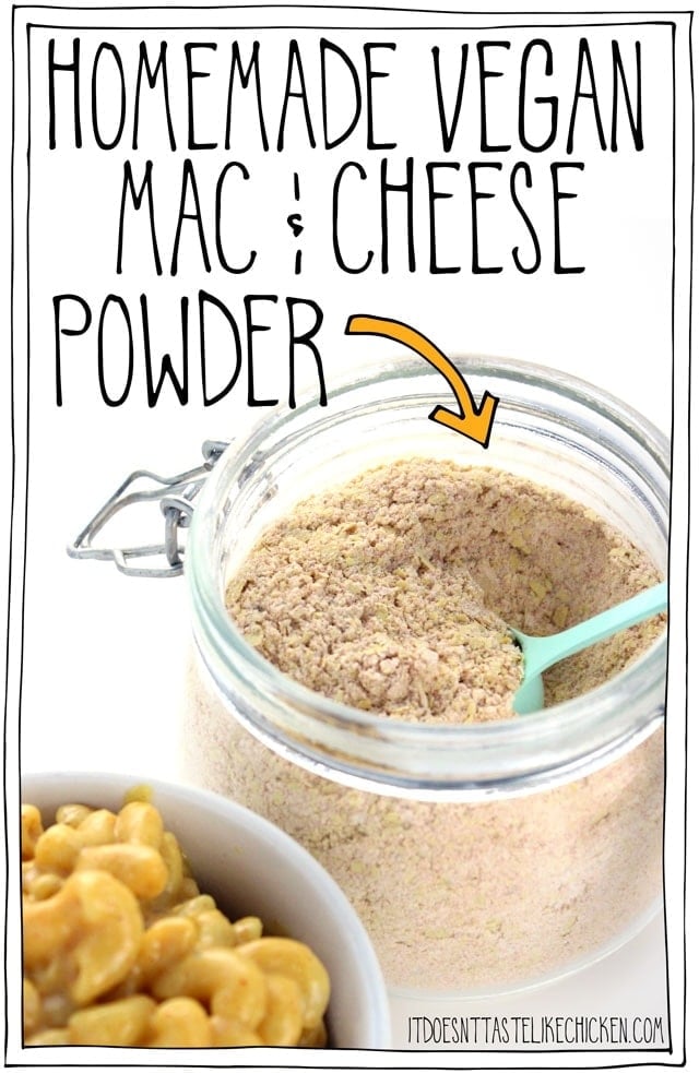 Homemade Vegan Mac & Cheese Powder! Add the ingredients to a jar and shake for shelf stable DIY boxed mac and cheese. This instant powder makes a creamy, cheesy, and super yummy vegan mac and cheese. Dairy-free, gluten-free, nut free, soy free, and whole food plant-based! #itdoesnttastelikechicken #veganrecipes #dairyfree #macandcheese