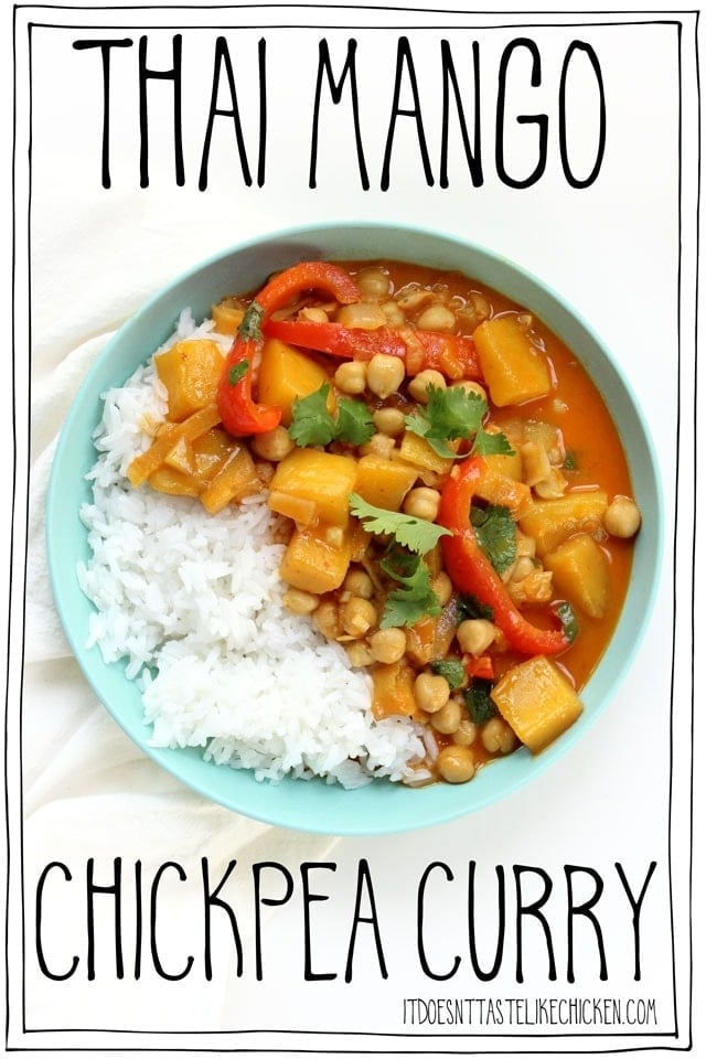 Thai Mango Chickpea Curry! An easy weeknight meal- just 25 minutes to make! Sweet juicy mango, hearty chickpeas, in a coconut milk sauce infused with aromatic Thai yellow curry on a bed of steamy, fluffy rice. This sweet curry is kid-friendly but can be made spicy if desired. #itdoesnttastelikechicken #veganrecipes #curry