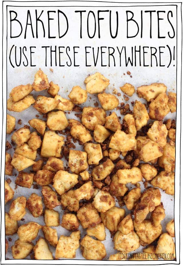 Baked Tofu Bites! An easy baked tofu recipe that is great on its own or can be used in so many dishes: on salads, in sandwiches, in tacos, on pasta, on nachos, as nuggets, the options are endless, use these everywhere! #itdoesnttastelikechicken #veganrecipes #tofu
