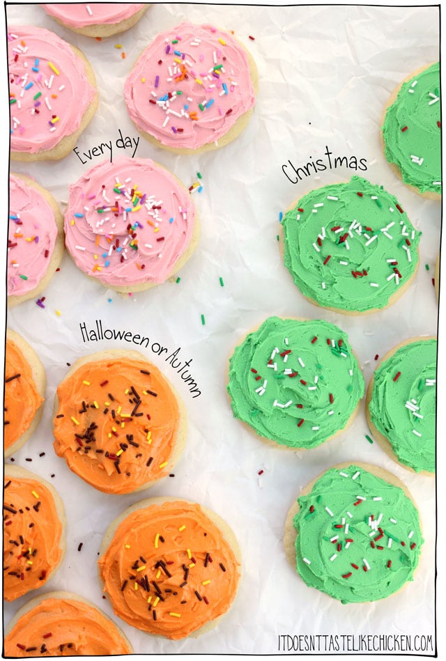 Vegan Soft Frosted Sugar Cookies: pillowy soft, cakey, frosted cookies- they are almost like the top of a cupcake that got smushed into a cookie complete with frosting and sprinkles! Decorate them for any occasion, birthdays, Christmas, Halloween, Thanksgiving, Valentine's day, weddings, baby showers. Egg free, dairy free, and pretty easy to make! #itdoesnttastelikechicken #veganrecipes #vegandesserts #vegancookies