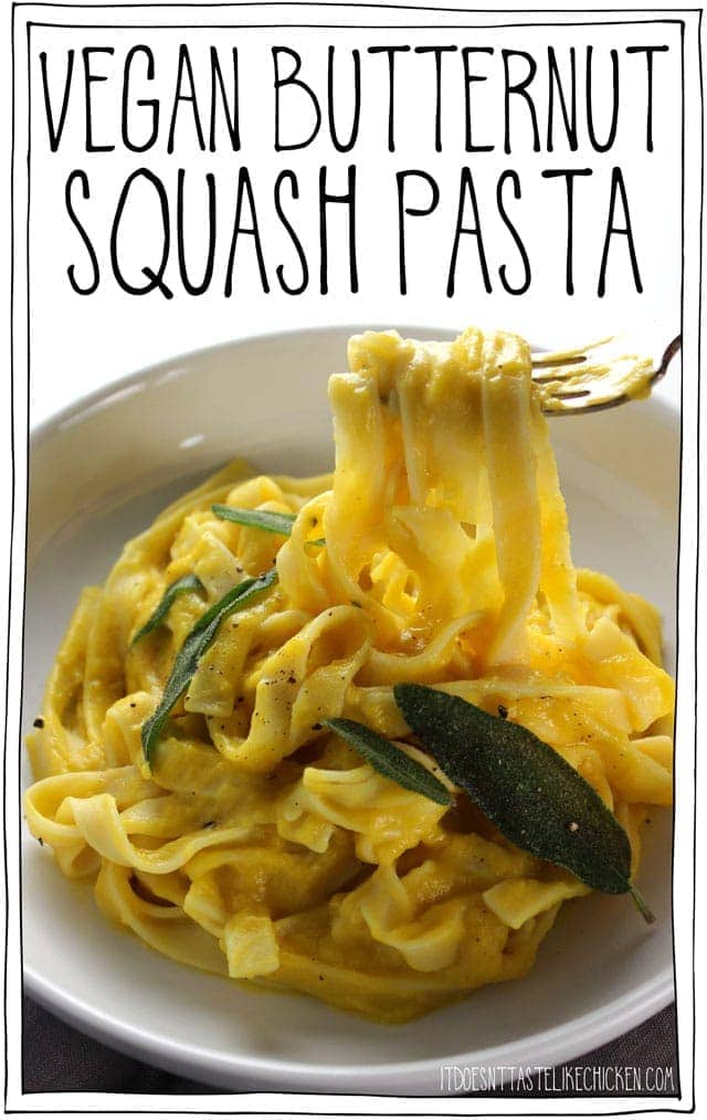 Vegan Butternut Squash Pasta! This pasta comes together in just 30 minutes and tastes AMAZING! Butternut squash makes the pasta insanely creamy, then top with crispy fried sage leaves. You won't believe how simple this dish is to make but tastes like it's from a fancy restaurant! #itdoesnttastelikechicken #veganrecipes #vegan #pasta