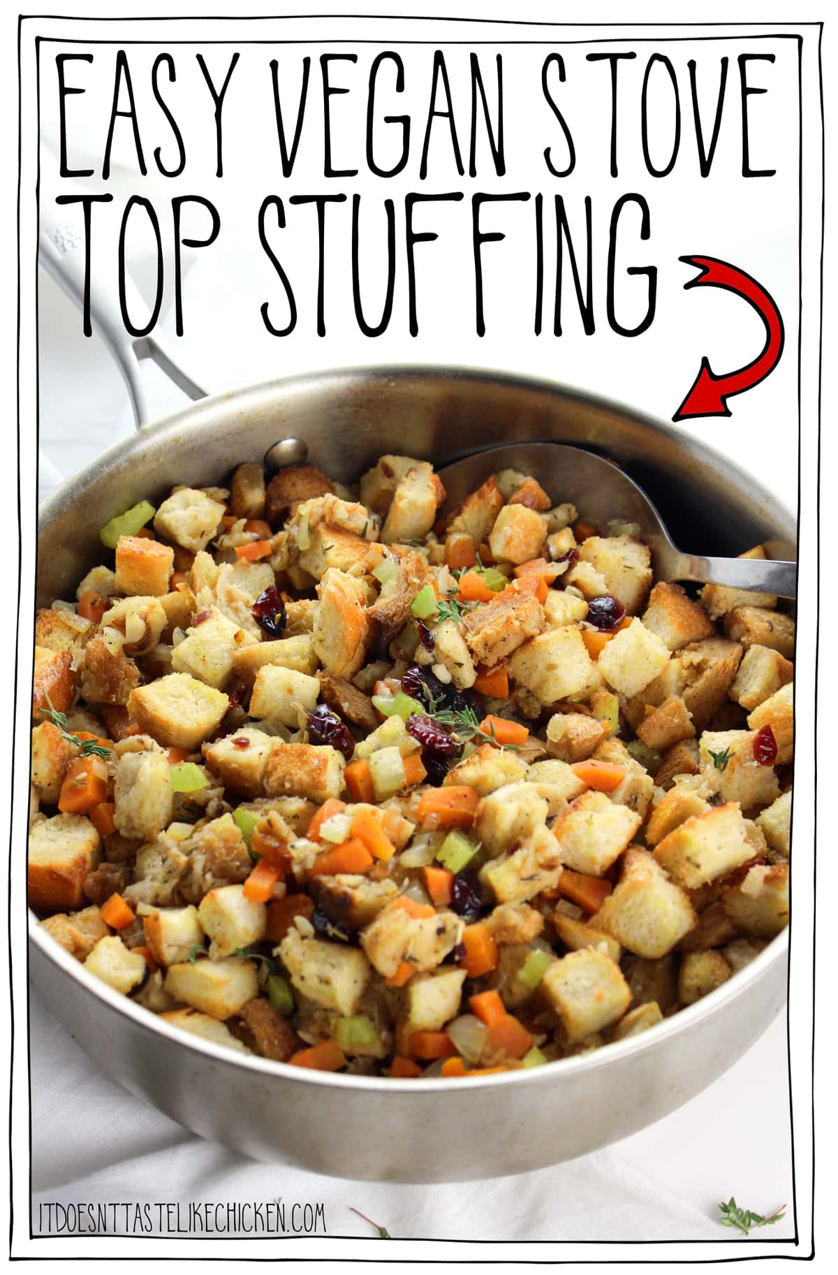 Easy Vegan Stove Top Stuffing!! The perfect traditional stuffing for Thanksgiving or Christmas. Just 30 minutes and can be made ahead of time. Perfectly seasoned, fluffy, with sage, thyme, rosemary and dried cranberries. #itdoesnttastelikechicken #veganrecipes #veganthanksgiving #thanksgiving