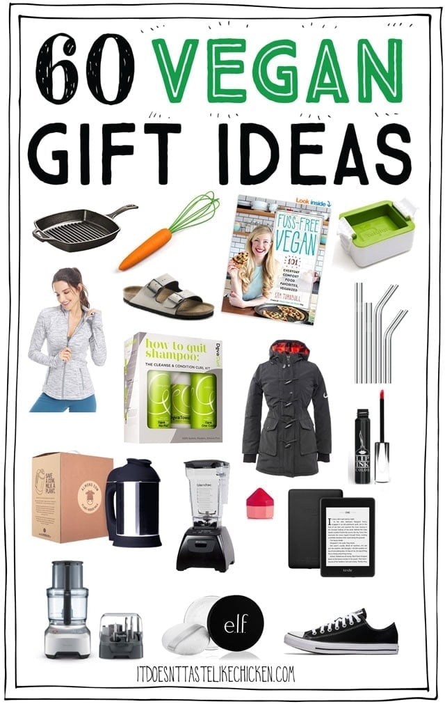 60 Vegan Gift Ideas!! Whether you are vegan or shopping for a vegan, this vegan gift guide will help you find the perfect present. Gift ideas for cooks, athletes, a little pampering, fashion, and homemade treats as well. #itdoesnttastelikechicken #giftideas #giftguide #veganchristmas 
