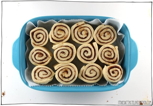 Easy Vegan Cinnamon Buns! No yeast. No rising. Only 10 ingredients. No weird ingredients. Freezable. Completely addictive!! No one will know they're vegan. #itdoesnttastelikechicken #veganrecipes #vegandesserts