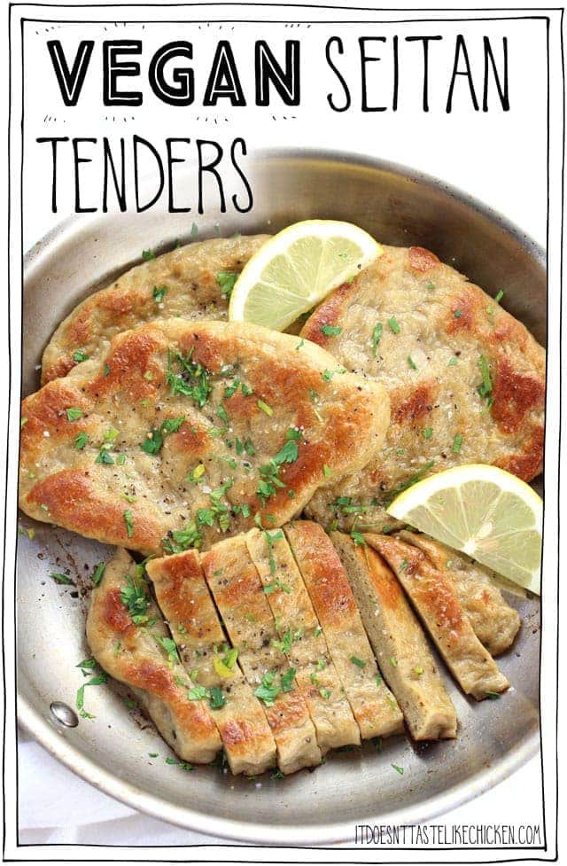 Vegan Seitan Tenders! This homemade vegan seitan chicken recipe is easy to make, just 8 ingredients, can be made ahead of time, and once prepared can be used any way that you might have cooked chicken- marinate, bread, fry, crust, bake, grill, BBQ, the options are endless!!! #itdoesnttastelikechicken #veganrecipes #seitan