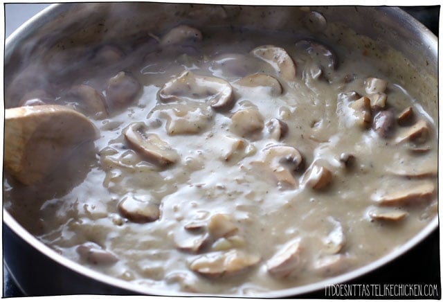 Easy Vegan Mushroom Stroganoff! This comfort food recipe only takes 25 minutes to make. Perfectly creamy and luscious all while being dairy-free with a gluten-free option. Serve over pasta or rice. #itdoesnttastelikechicken #veganrecipes #veganpasta #dairyfree