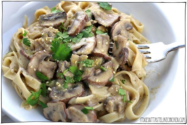 Easy Vegan Mushroom Stroganoff! This comfort food recipe only takes 25 minutes to make. Perfectly creamy and luscious all while being dairy-free with a gluten-free option. Serve over pasta or rice. #itdoesnttastelikechicken #veganrecipes #veganpasta #dairyfree