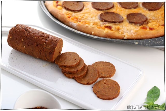 Easy Vegan Seitan Pepperoni recipe! Perfect to top your pizza. It's surprisingly easy to make, tastes way better than store-bought. Can be stored in the fridge or freezer so you have it on hand whenever you need vegan pepperoni. #itdoesnttastelikechicken #veganrecipes #veganpizza #vegetarian