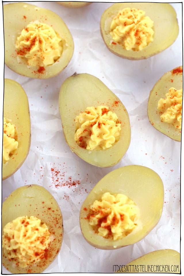 Vegan Deviled Potatoes! The perfect make ahead, easy-to-make appetizer for Easter or any party. Only 7 ingredients to make this vegan-friendly take on deviled eggs. With a secret ingredient, they even taste like eggs! #itdoesnttastelikechicken #veganrecipes #easter