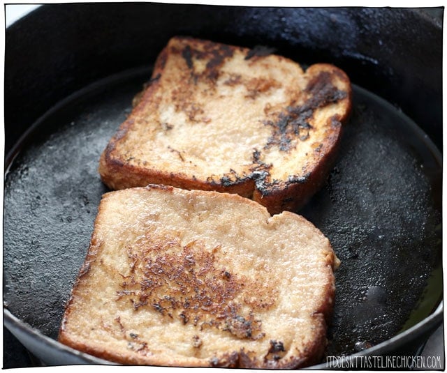 Vegan French Toast made with coconut and banana! Just 7 ingredients, quick and easy to make, and tastes so much better than regular French toast! So creamy and rich this French toast tastes gourmet! #itdoesnttastelikechicken #veganrecipes #frenchtoast