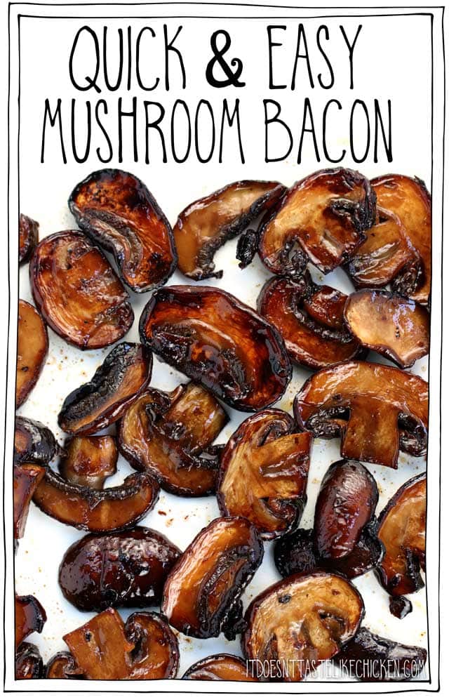 Mushroom bacon is so quick and easy to make! Just 5 ingredients and toss it in a skillet to fry up smoky, chewy, salty, mouthwatering vegan and vegetarian friendly bacon. Use as a topping on soups, salads, sandwiches, pasta, pizza, or serve it with tofu scramble for a vegan breakfast. #itdoesnttastelikechicken #veganbacon #vegan