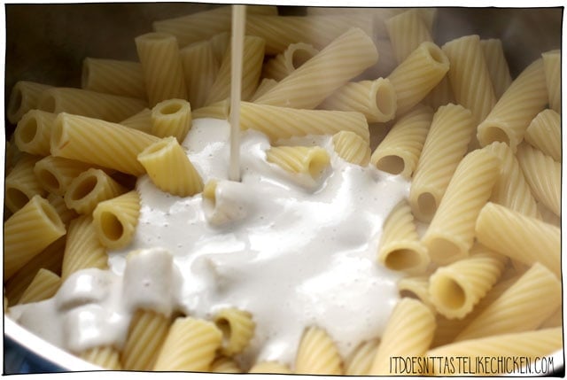 Toss the dairy-free garlic cream sauce with hot pasta.