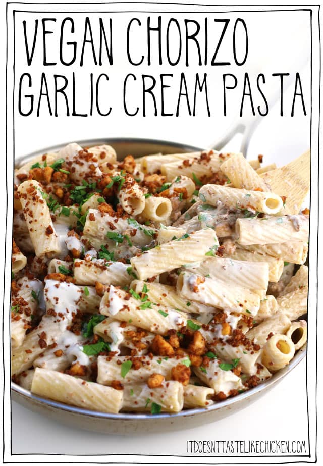 Vegan Chorizo Garlic Cream Pasta! Chewy flavour-packed easy homemade vegan tofu chorizo, paired with a 5-minute dairy-free garlic cream sauce, all tossed together with hot pasta. Yes, yes, and more yes!!! Easy to make and even easier to eat. #itdoesnttastelikechicken #veganrecipes #veganpasta