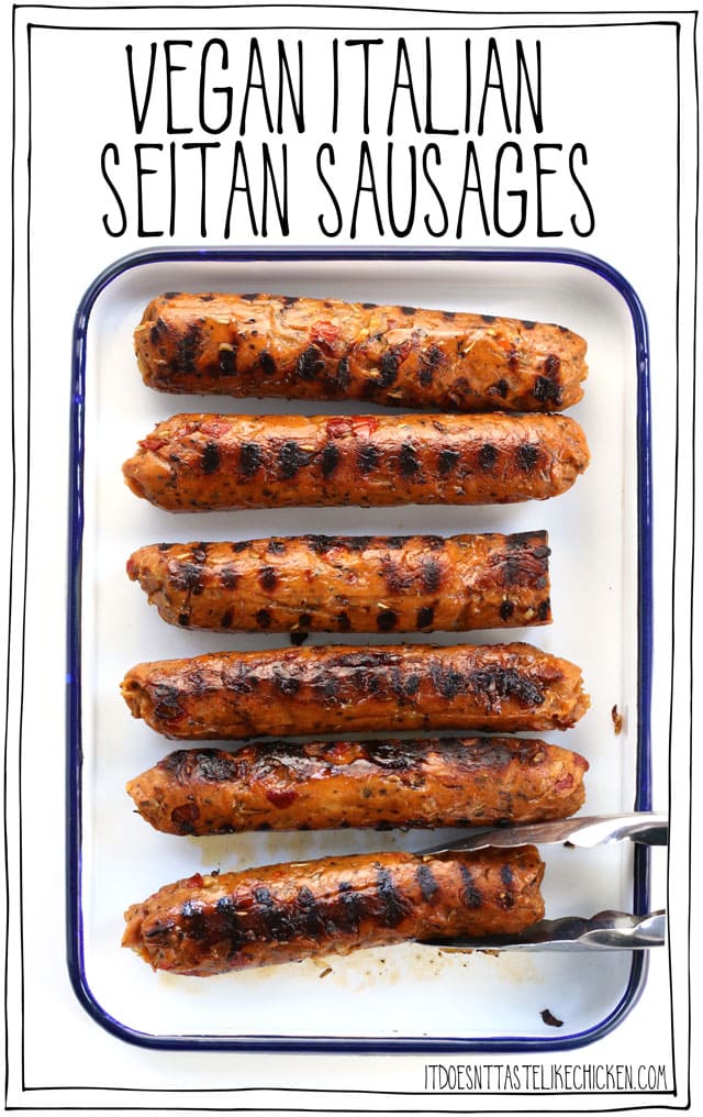 Homemade vegan Italian seitan sausages! Easy to make with oil-free option. Perfect for the grill, BBQ, to toss on pasta, pizzas, salads, soups, on a bun, or to use anywhere you like! #itdoesnttastelikechicken #seitan #veganrecipes
