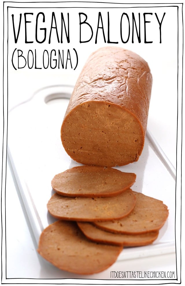 Homemade vegan baloney is easy to make and tastes better than store-bought! Make this bologna ahead of time and then have it ready to slice for a snack or sandwiches. It's even great fried! Great for your kids lunch box. #itdoesnttastelikechicken #veganrecipes #seitan