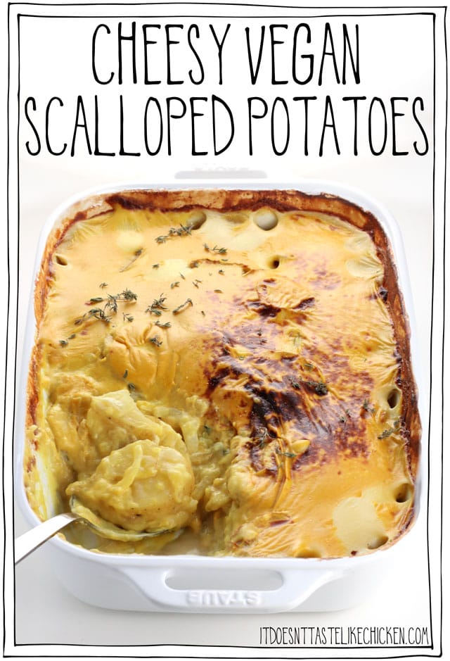 Cheesy Vegan Scalloped Potatoes! These are the best and easiest scalloped potatoes! So creamy delicious and perfectly cheesy. No one will know they are vegan. These can be made oil-free too! The perfect side for Thanksgiving, Christmas, or Easter. #itdoesnttastelikechicken #veganrecipes #veganthanksgiving