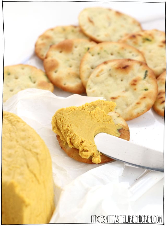Vegan sunflower seed cheese! This nut-free vegan cheese is quick and easy to make with just 9 ingredients. Serve this vegan cheese with crackers or bread, spread on a sandwich, add to a salad, or use it anywhere you like! #itdoesnttastelikechicken #veganrecipes #vegancheese #nutfree