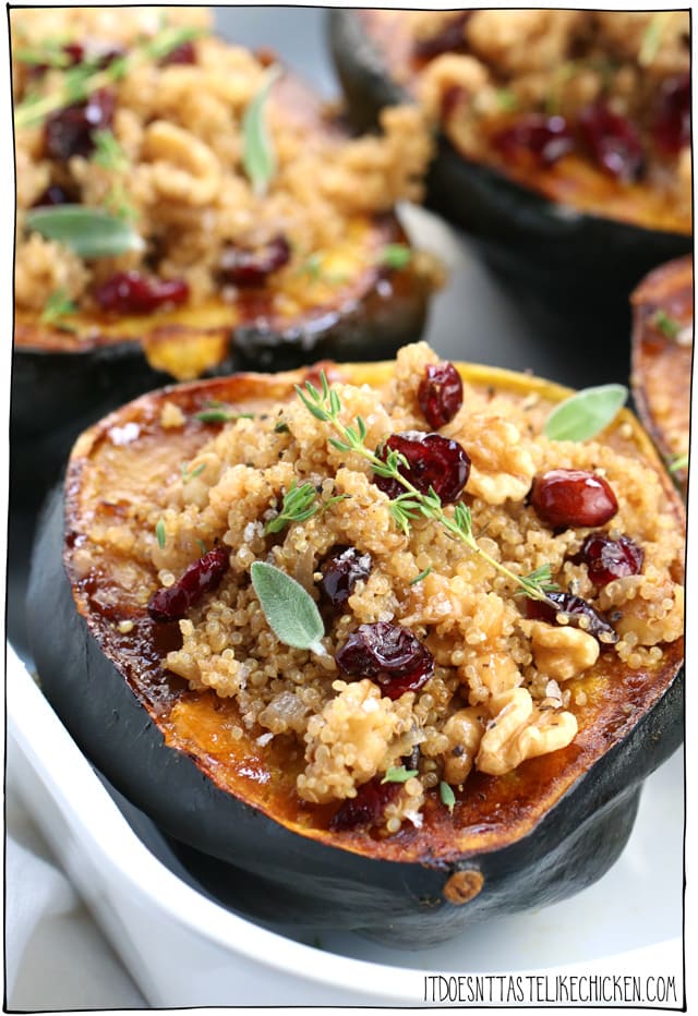 Vegan Stuffed Acorn Squash! Easy to make and can be made ahead of time. The perfect main dish for Thanksgiving or Christmas. The squash is stuffed with quinoa, seasonal spices, nuts or seeds, and pops of sweet dried cranberry. Delish! #itdoesnttastelikechicken #veganrecipes #veganthanksgiving