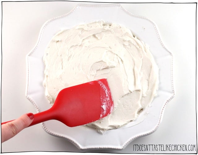 spread a layer of vegan cream cheese for the base of the dip
