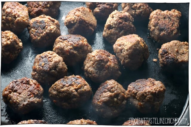 to serve, I like to fry the vegan Italian meatballs in a bit of oil. 